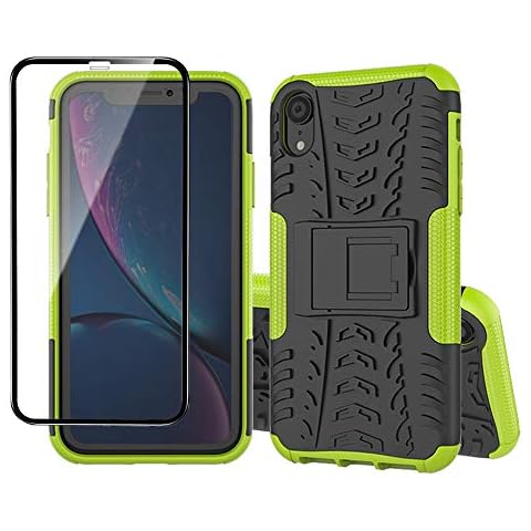 Yiakeng iPhone XR Case, iPhone XR Phone Case, and Tempered Glass Screen Protector, Shockproof Silicone Protective with Kickstand for iPhone XR Case (Green) Cover