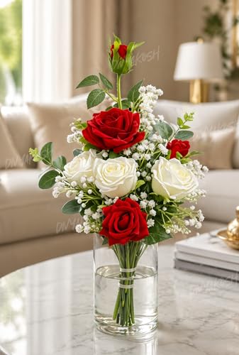 Image of Divyakosh Artificial Flowers for Home Decoration, Flora for Decor | Artificial Flowers for Vase (VASE NOT Included) Decorative Items for Living Room, Artificial Flowers Bunch 7 Roses (Red & White) |