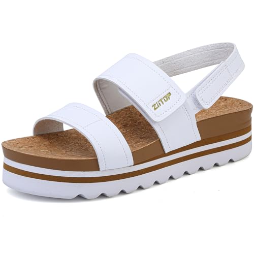 ziitop Sandalias ortopédicas de plataforma para mujer, con cuña de ajuste ancho, plantilla de corcho, tiras ajustables, puntera abierta, zapatos gruesos para playa y verano, White, 40 EU