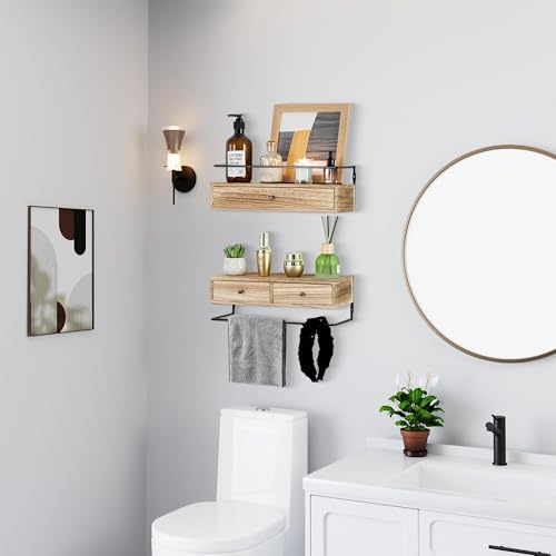 DreamPossible Floating Shelves - Wall Mounted Bathroom Shelf Set of 2 with Drawers, Rustic Wood Shelves for Bedroom, Living Room, Kitchen, Wall Decor, Plants, Books (Brown) - Thumbnail 5