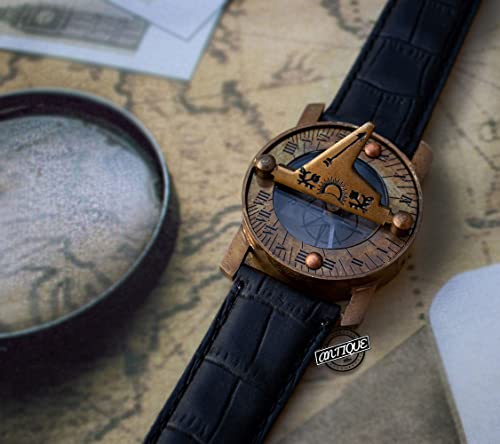 Para amigos/niños/gifs reloj de pulsera Sundial brújula | Senderismo/Camping latón antiguo brújula reloj de sol con correa de muñeca de cuero negro regalo decoración Cover