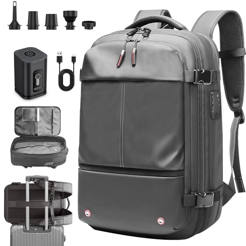 Vacuum Backpack Travel, Vacuum Compression Travel Backpack with Pump, Water Resistant & TSA Anti Theft, Ideal for Travel/Camping/Laptop (With Electric Air Pump & Gray)