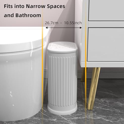Image of KSSKSS 1.8 Gallons Small White Bathroom Trash Can with Lid, Slim Bathroom Garbage Bin, Removable Liner Bucket, Dog Proof Trash Can with Pop-Up Lid for Bedroom,Toilet