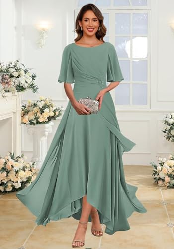 Women's Short Sleeves Chiffon Mother of The Bride Dresses Flowy Chiffon Mother of The Groom Dress with Slit DE3724