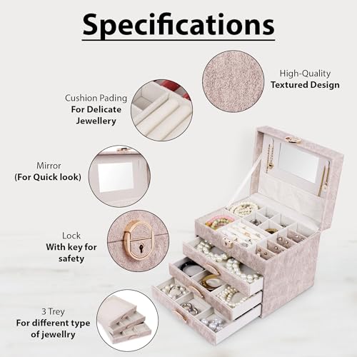 Image of BucketList Luxury PU Leather Jewellery Organizer Box with Mirror & Lock | 3 Drawer Jewelry Storage Case with Ring Rolls & Compartments (4 Drawers Jewelry Box with Mirror (Grey))