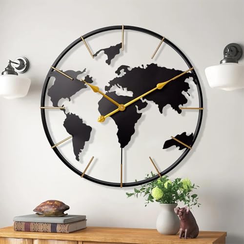 Miners2000 Large World Map Wall Clock, 60CM Metal Minimalist Modern Clock,Round Silent Non-Ticking Battery Operated Wall Clocks for Living Room Home Kitchen Bedroom Office Farmhouse Decor (Color 1)