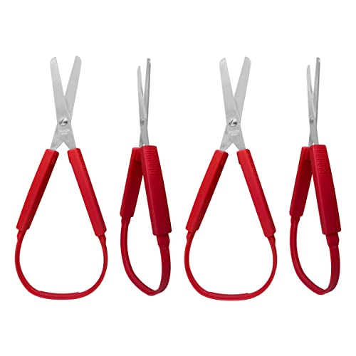 4Pack Adaptive Loop Scissors 8 Inch Self-Opening Scissors for Special Needs Children & Adults (Red)