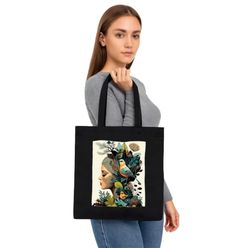Image of Black Tote Bag With Pocket Printed Designed Canvas Tote Bags For Women large capacity,Tote bag For Shopping, College, Travel, More Canvas Handbag For Unisex Bag