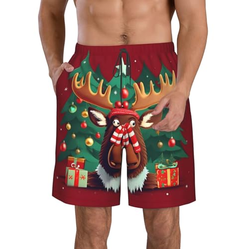 WURTON Funny Christmas Moose Print Mens Swim Trunks Quick Dry Bathing Suits Summer Holiday Beach Board Shorts Pockets White, Large