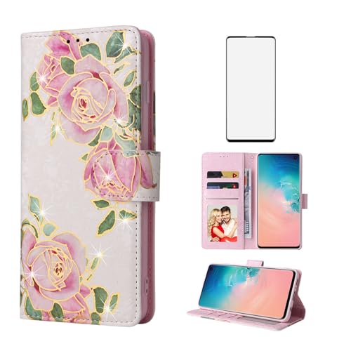 Étui portefeuille Samsung S10 avec protège-écran verre trempé et porte-cartes motif fleur rose
