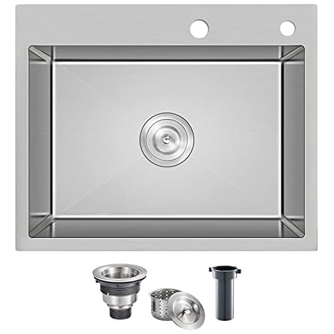 MENATT 24 Inch Drop-in Kitchen Sink, 304 Stainless Steel Topmount Handmade Residential Sink, Single Bowl Workstation Sink with Drain Kit (Brushed), 24"x18"x9" Cover