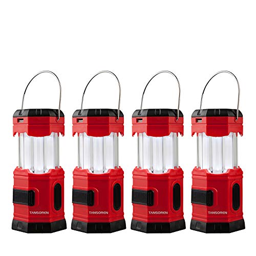 TANSOREN 4 Pack Portable LED Camping Lantern Solar USB Rechargeable or 3 AA