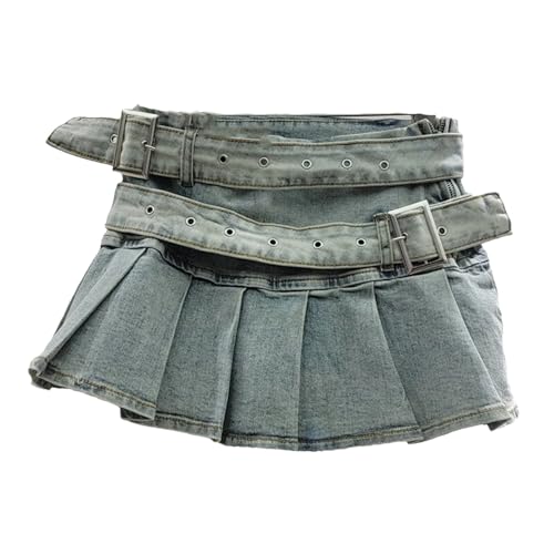 Women's Denim Skirts Splice Double Belt Folds Solid Color A-Line Washed Low Waist Short Skirts