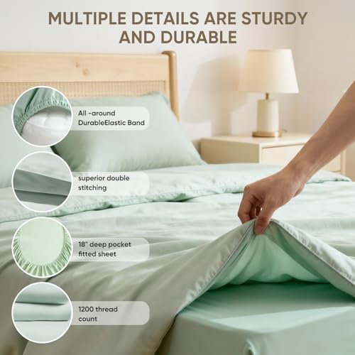 TWK 1200 Thread Count 100% Egyptian Cotton Sheets Bed Set,Thickness,Long-Lasting Durability,Resists Pilling,Deep Pocket Up to 18",with a Laundry Bag (Mineral, King) - 5