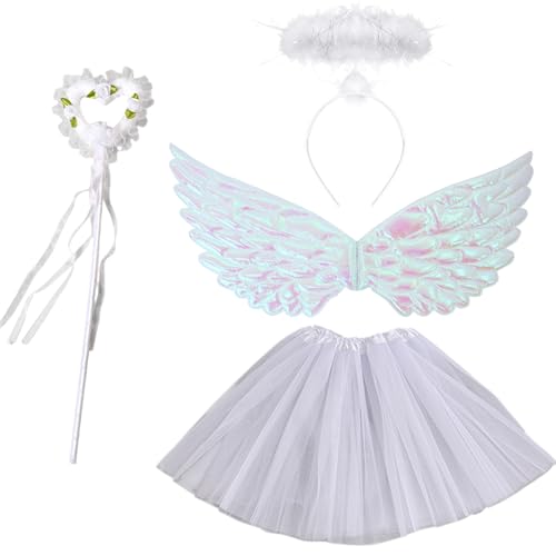 GWAWG Disfraz de ángel para niñas, paquete de 4 alas de ángel, faldas, halo y varita, disfraces para carnaval, Halloween, fiesta de cosplay