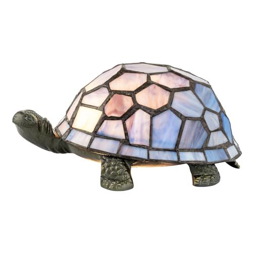Happy Homewares Quirky Purple and Blue Toned Stained Glass Tiffany Tortoise Table Lamp | Antique Bronze Metal Body | 19cm x 14cm x 10cm