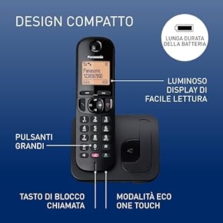 Panasonic KX-TGC250JTB Telefono Cordless Digitale per Anziani con Blocco delle Chiamate Indesiderate, Display di Facile Lettura, Vivavoce, Sveglia, Ricevitore Singolo, ID Chiamante, Nero