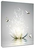 EOBTAIN Zen White Flower Canvas Wall Art Water Lily and Butterfly on Grey Bedroom Wall Decor Modern Spiritual Yoga Spa Painting Picture Artwork Bathroom Decor 16x20 Inches