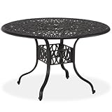 Home Styles Floral Blossom Charcoal 48-inch Round Dining Table with Umbrella Hole, Cast Aluminum Construction, Adjustable Nylon Glides, and Antique Highlights
