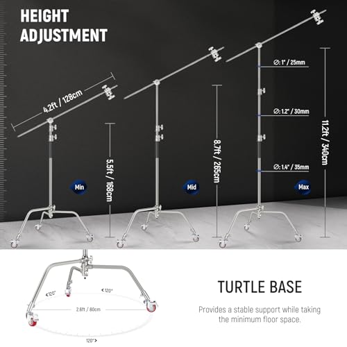 Neewer Heavy Duty Light Stand, Metal 11.15ft/3.4m Adjustable Photography Tripod C Stand with Boom Arm Built in Spring Cushion 1/4" Screw for Studio LED Light, DSLR Camera, Max Load: 22lb/10kg, Black - Image 3