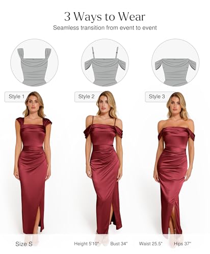 Image of Popilush Wedding Guest Dresses for Women Off Shoulder Shapewear Maxi | Multi-Way Wear, Built in Bra, Light Tummy Control, Ruched Satin Formal Cocktail Evening Bridesmaid Dress