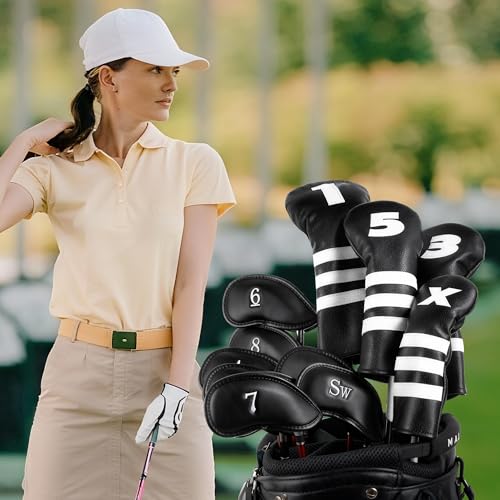Ecsoiam Premium Synthetic Leather Golf Club Covers -Double-Sided Embroidered Golf Iron Covers with Magnetic Closure, Perfect Iron Covers for Golf Clubs, Durable and Stylish Protection for Your Clubs