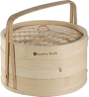 GRANDMA SHARK 10 Inch 2 Tier Bamboo Steamer, 2 Pairs Chopsticks and 50 Sheets Steamer Pads, Used for Steaming Dumplings, Rice, Vegetables
