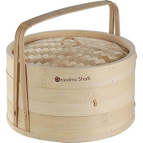 GRANDMA SHARK 10 Inch 2 Tier Bamboo Steamer, 2 Pairs Chopsticks and 50 Sheets Steamer Pads, Used for Steaming Dumplings, Rice, Vegetables Cover