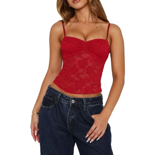Meihuida Women Lace Top Y2k Going Out Trendy Sexy Mesh See Through Cami Tank Tops