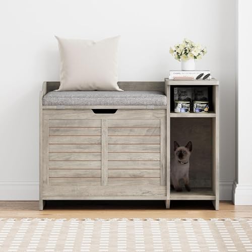 Amenitlif Cat Litter Box Enclosure Cabinet with Cushion Top, 33.8 Inch Hidden Litter Box Furniture with Dual Doors and Storage Shelf, Wooden End Table for Indoor Cats, Gray
