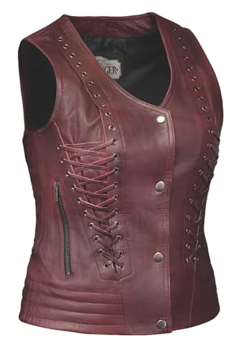 Derringer Women's Vintage Laced Soft Lambskin Leather Motorcycle Vest - Red