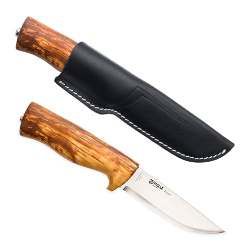 HELLE Knives - Eggen Stainless Steel - Outdoor Camping Knife Stick Tang Fixed Blade with Sheath Curly Birch Handle Made in Norway