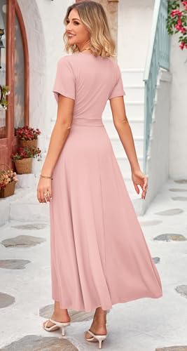 Image of WNEEDU Women's Summer Maxi Dress Short Sleeves Wrap V Neck Long Dresses with Pockets