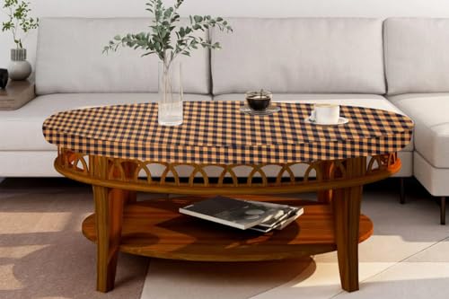 Image of The Furnishing Tree Elastic Oval Center Table Cover WxL 16x36 in Inches Polyester Checkered Pattern Brown