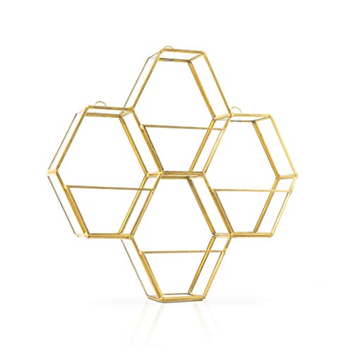 Estanteria Pared Metal Vintage Dorada Hexagonal – Estante de Decoracion Flotante de Diseño Retro para Paredes Sala Estar Pasillo Soporte Organizador Metalico Latón y Vidrio 26*26*5cm.