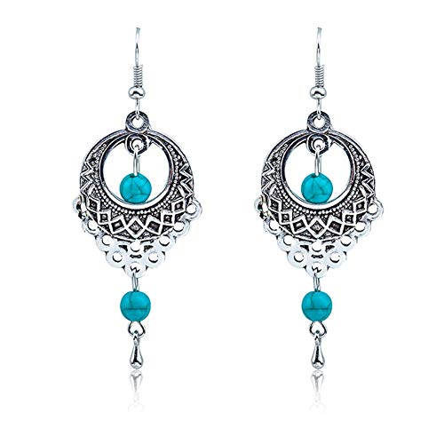 Dimensioni: 6,3 cm N-K Boho - Orecchini da donna con perle turchesi, pendenti, con gancio cavo, per matrimonio, in argento anticato, economici e durevoli