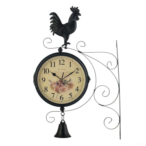 Elegante reloj de pared retro de estación de tren, reloj decorativo de doble cara, adecuado para sala de estar, vestíbulo, porche y pasillo, esfera de color pergamino antiguo atemporal y soporte de