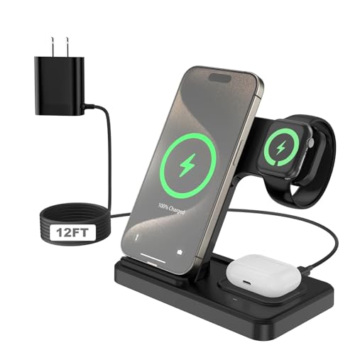 3-in-1 Magnetic Wireless Charging Station for iPhone 17/16e/16/15/14/13/12/11/X, Apple Watch & AirPods, Fast Charging Stand with 12FT Cable