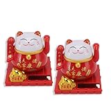2 Piezas De Gato Que Agita Lindo Con Energía Solar, Pequeño Gato Que Agita Solar, Maneki Neko Japonés, Lindo Gato Rojo Que Hace Señas, Decoraciones De Estatua De Gato De La Fortuna Solar Fengshui Luck