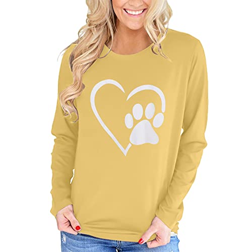 Bangely Heart Dog Paw Graphic Sweatshirt Women Cute Dog Mom Shirts Casual Crewneck Fashion Pullover Tops Yellow #TOP1