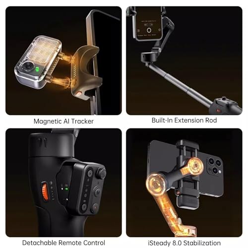 Hohem iSteady V3 Gimbal para Móvil de 3 Ejes, Estabilizador para Móvil con Seguimiento AI Magnético, Control Remoto Desmontable, Vástago Telescópico Integrado y Trípode, Gimbal para Smartphone(Negro) - imagen 4