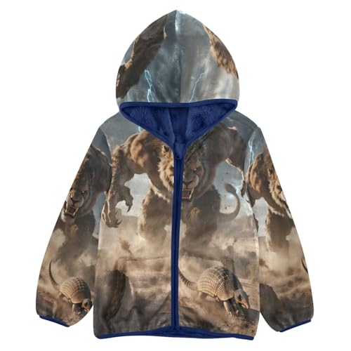 Lion Attacks Small Armadillo Toddler Fleece Jacket Girl Boys Hooded Fleece Jacket Coat Warm Outwear Zip-up 3-10T