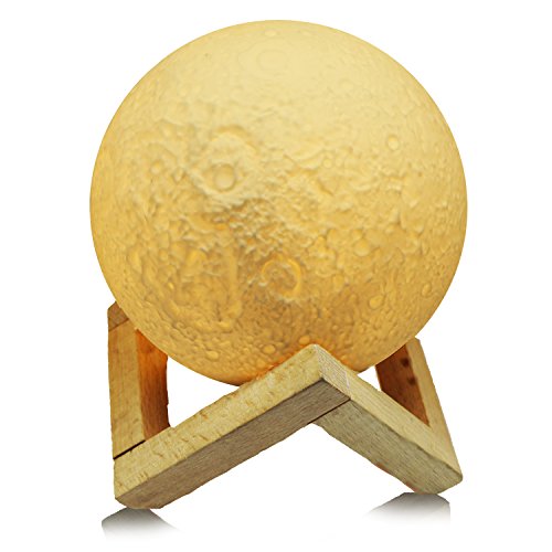 Led Moon Nightlight Lamp 5.1 Inch w/ Wooden Base. 3 Cool/Warm Color Lights. Child’s Room, Living Room, Dining Room, for a Decorative Fun or Romantic Atmosphere. Novel Gift by Homabe