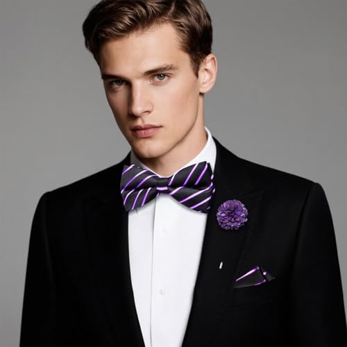 Image of Hi-Tie Bow Ties for Men Pre-Tied Pocket Square with Cufflinks Mens Bowtie Sets for Wedding Formal Party