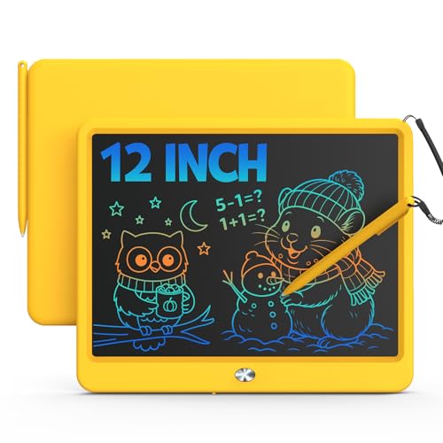 Image of Bravokids 12 Inch LCD Writing Tablet for 3-8 Year Olds - Electronic Drawing Pad and Doodle Board as Educational Birthday Gifts for Girls and Boys (Yellow)