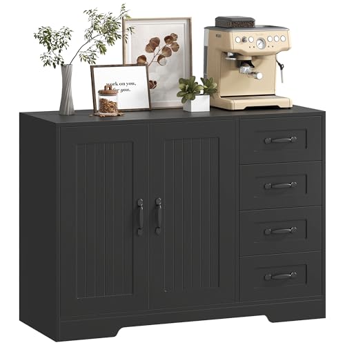 HOMCOM Sideboard, Beistellschrank mit 4 Schubladen, 2 Türen, Küchenschrank, Aufbewahrungsschrank mit verstellbarem Einlegeboden für Wohnzimmer, 105 x 40 x 76 cm, Schwarz