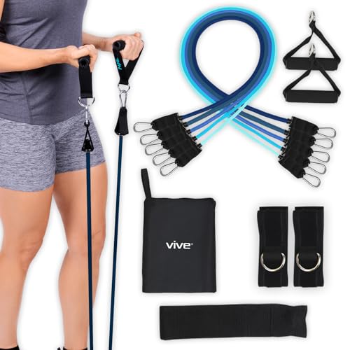 Vive Resistance Bands with Handles (11 Pcs) - Tube Rehab Band Set - Shoulder Pulley Door Anchor - 2 to 70 LBs Tension - Home Workout Elastic Fitness Equipment - Men, Women Training Therapy
