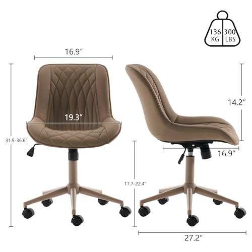 Image of YOUNIKE Faux Leather Office Desk Chair Comfy Vanity Chair Armless Khaki | Ergonomic Upholstered Rocking Back, Swivel with Wheels, Height Adjustable, Modern Task Chair For Computer Sewing Drafting