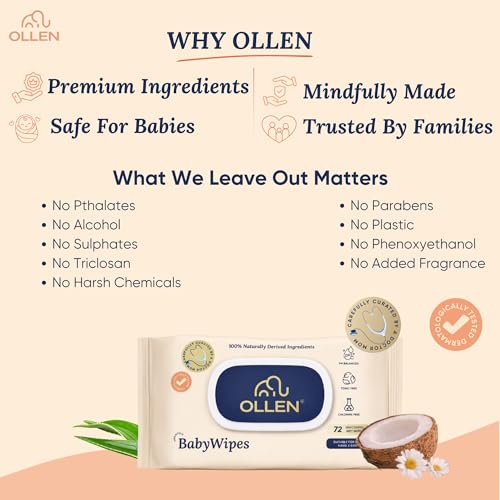 Image of OLLEN Pure water Unscented Baby Wipes with lid- Safe, 100% Plant Made Fabric, Cotton Cloth Like Super thick, Dermatologically Tested- Natural Wet Wipes with Aloe vera & Chamomile (Pack of 1)
