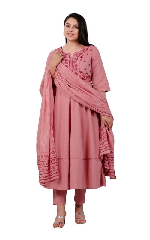 Natural Cotton Pink Anarkali Solid Office or Casual Wear Kurta Set with Dupatta for Women | Available in Plus Sizes, M to 10XL-image-42